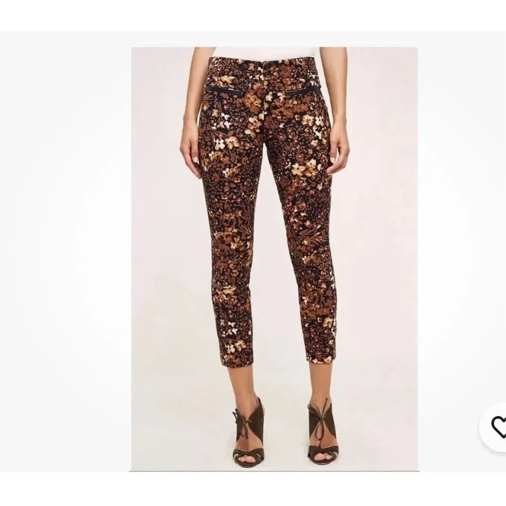 Anthropologie The Essential Slim Autumn Floral Trouser Pants cotton blend sz 10